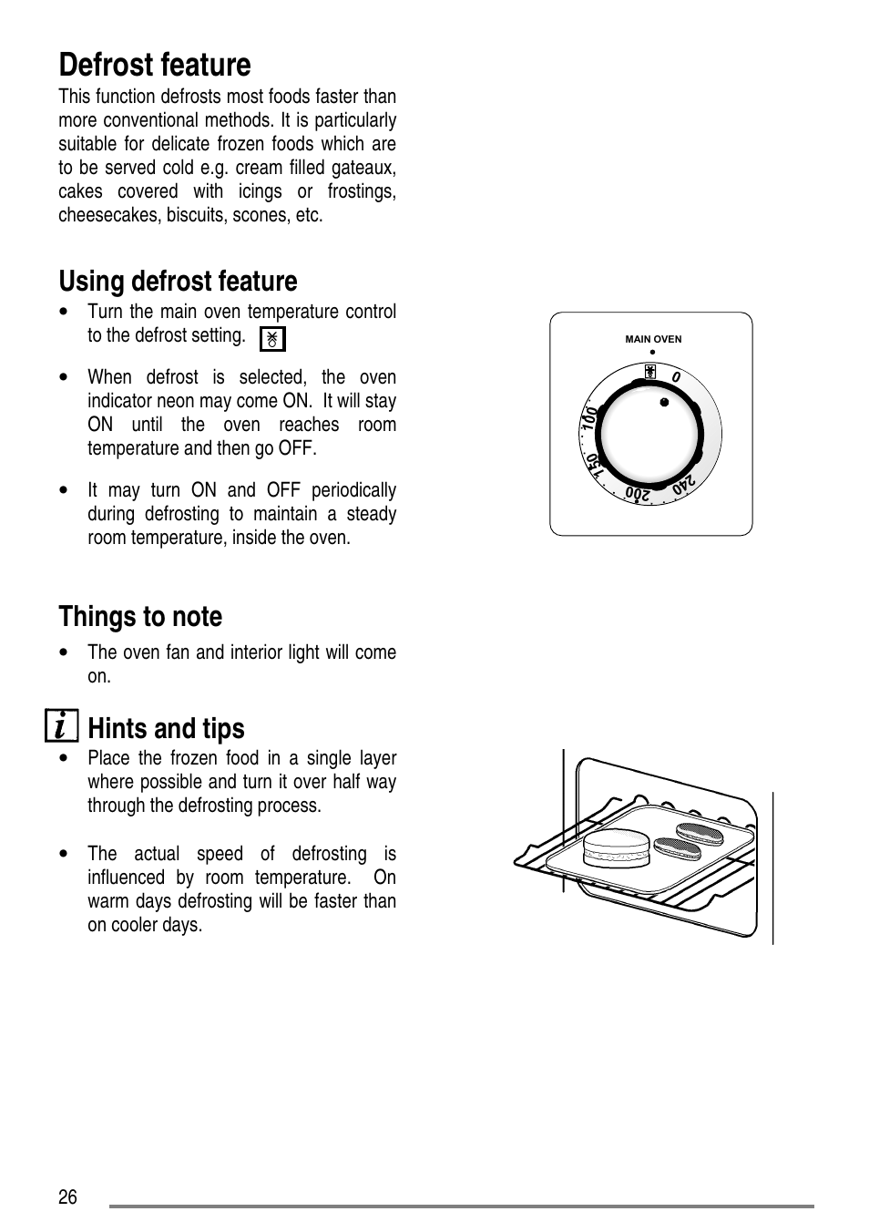 Defrost feature, Using defrost feature, Hints and tips | Zanussi ZCE7550-ZCE7551 User Manual | Page 26 / 40