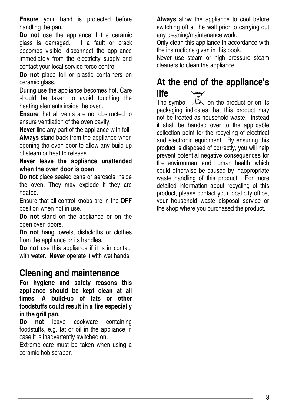 Cleaning and maintenance, At the end of the appliance’s life | Zanussi ZCE7550-ZCE7551 User Manual | Page 3 / 40