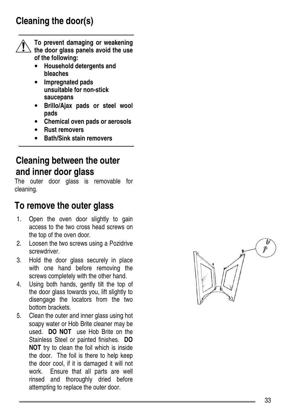 Cleaning the door(s), Cleaning between the outer and inner door glass | Zanussi ZCE7550-ZCE7551 User Manual | Page 33 / 40