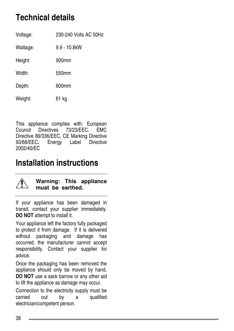 Technical details, Installation instructions | Zanussi ZCE7550-ZCE7551 User Manual | Page 38 / 40