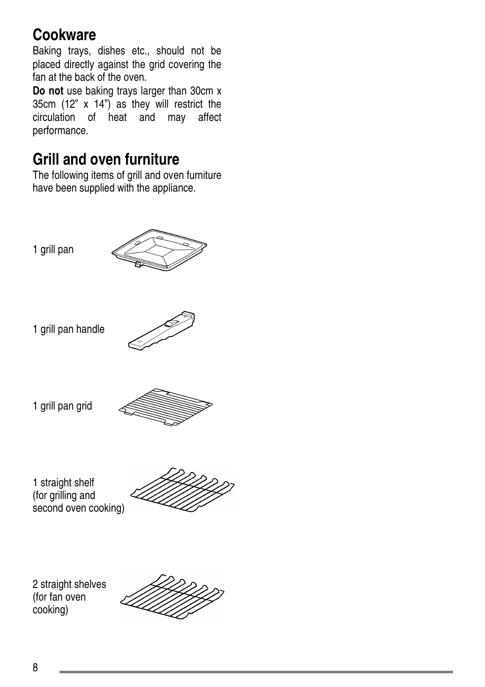 Cookware, Grill and oven furniture | Zanussi ZCE7550-ZCE7551 User Manual | Page 8 / 40