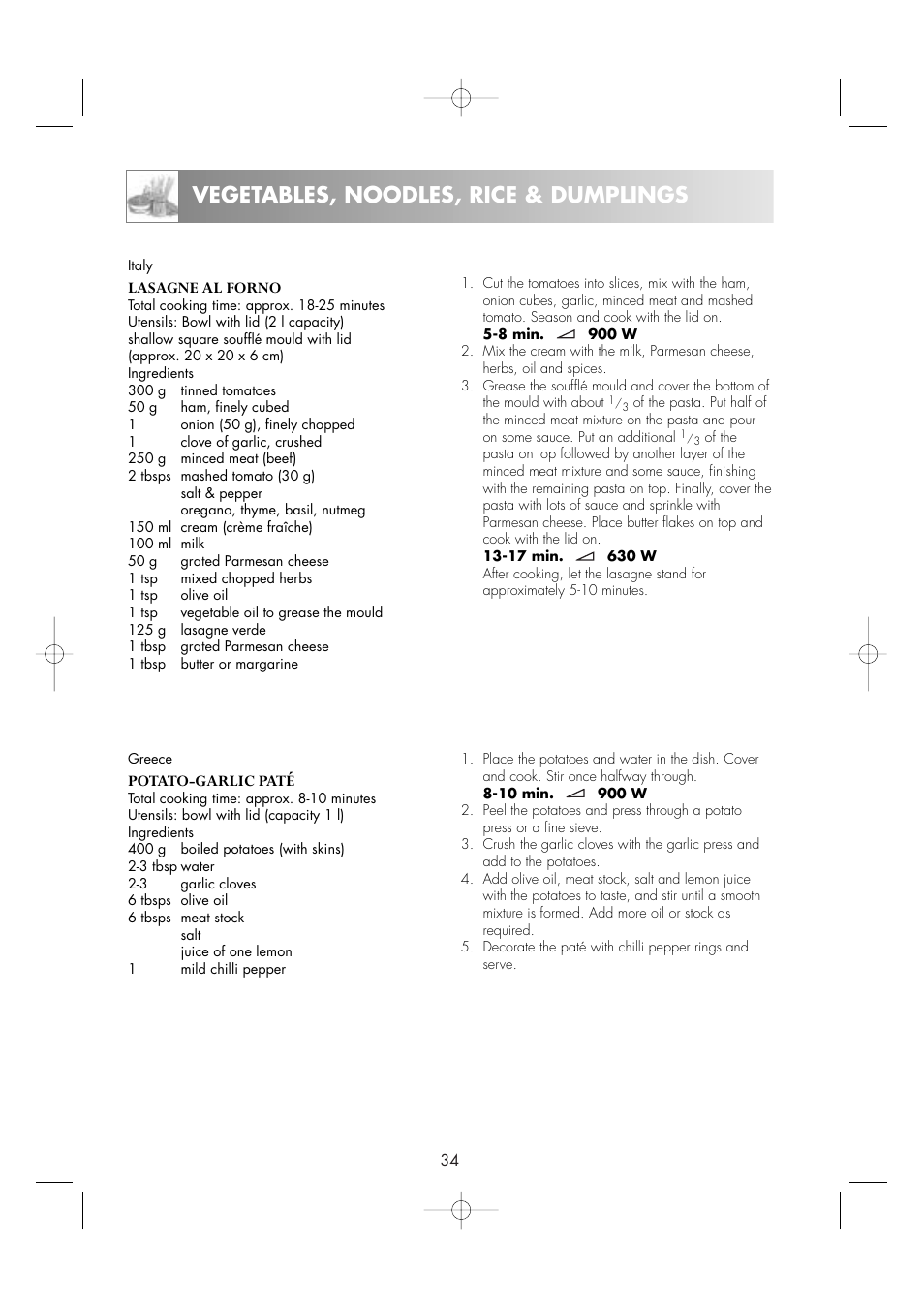 Vegetables, noodles, rice & dumplings | Zanussi ZM266ST User Manual | Page 36 / 48