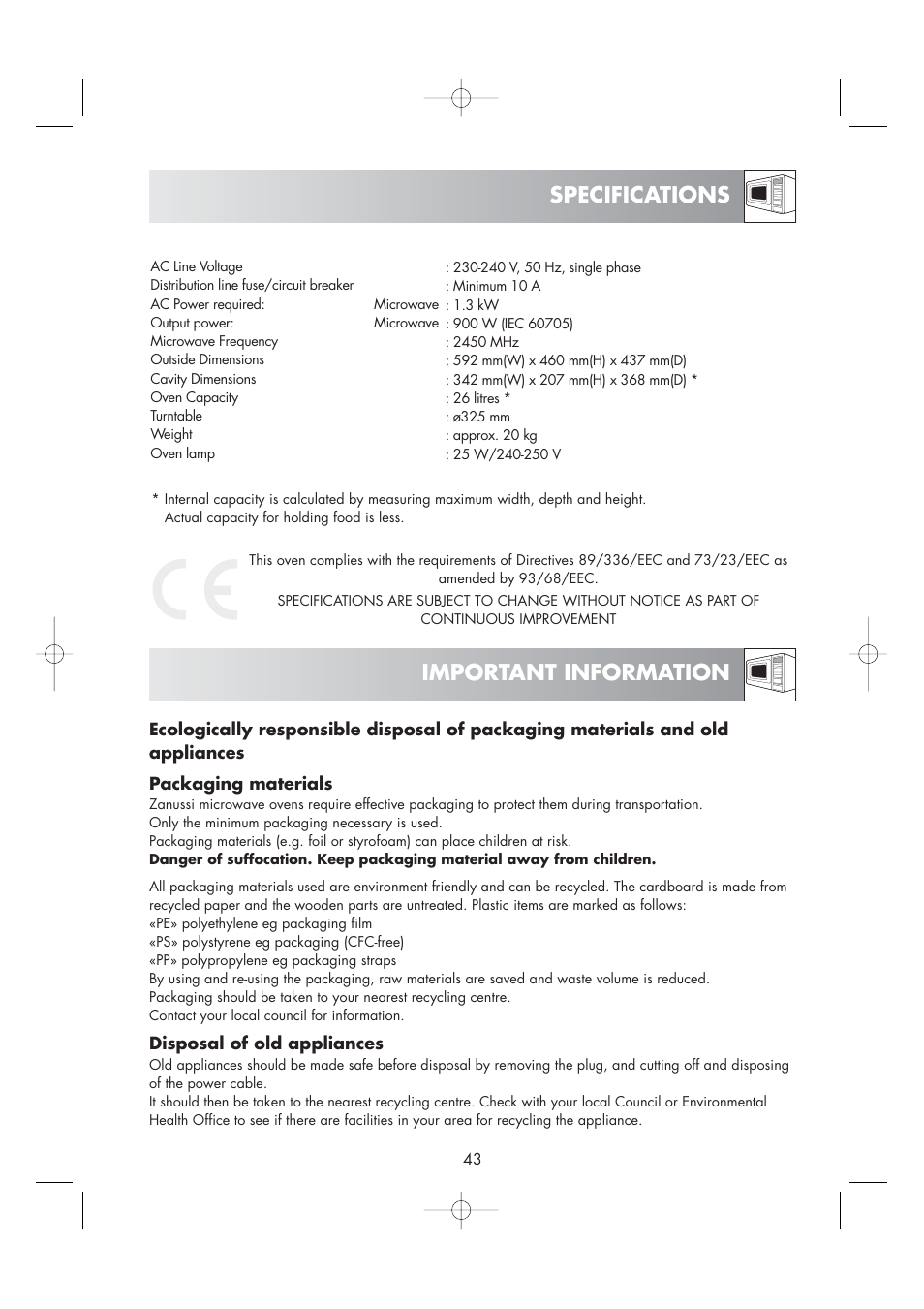 Specifications important information | Zanussi ZM266ST User Manual | Page 45 / 48