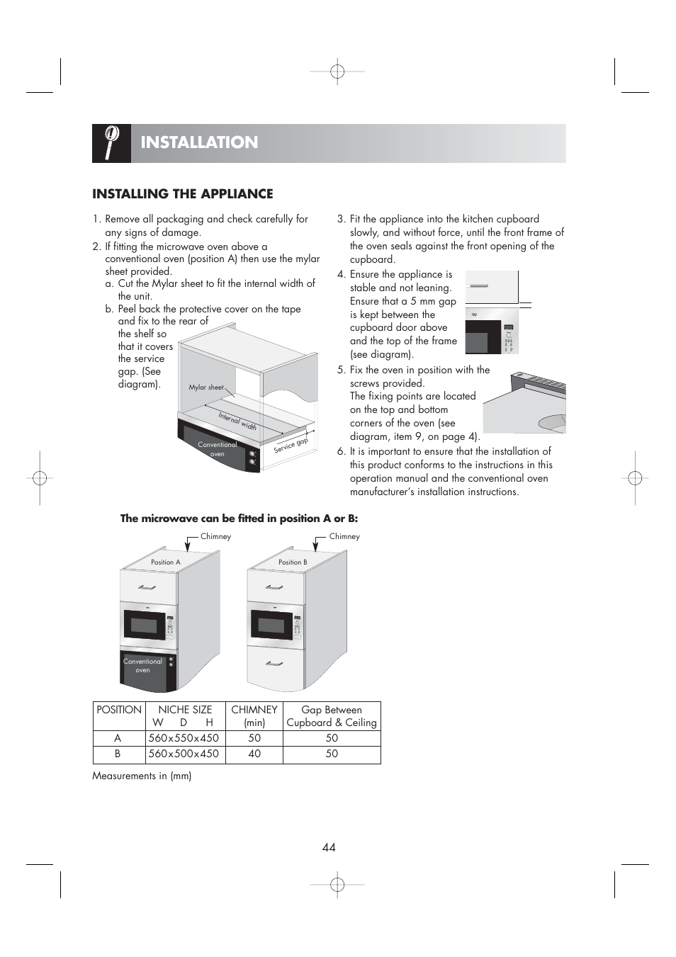 Installation, Installing the appliance | Zanussi ZM266ST User Manual | Page 46 / 48