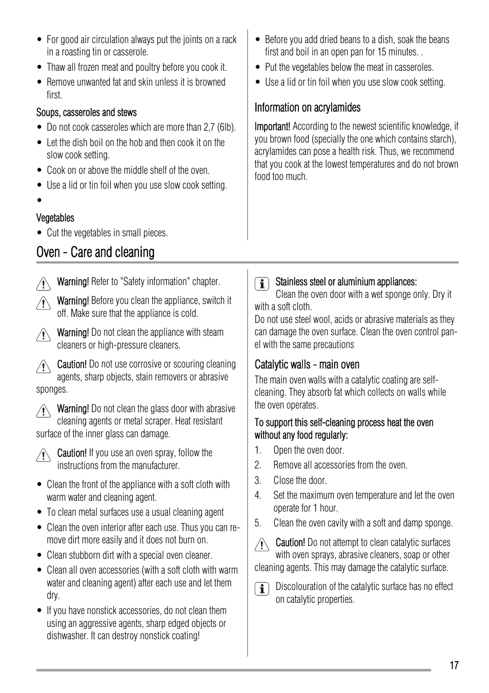 Oven - care and cleaning | Zanussi ZCG551 User Manual | Page 17 / 28