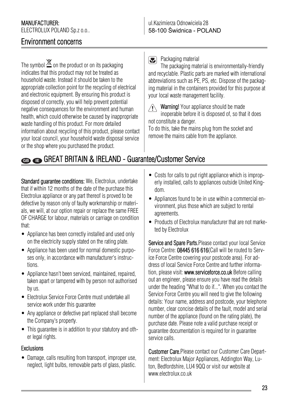 Environment concerns | Zanussi ZCG551 User Manual | Page 23 / 28