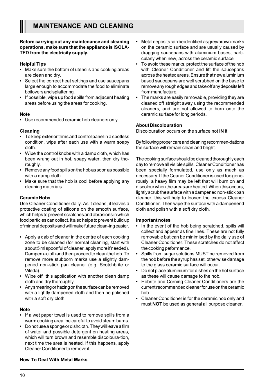 Maintenance and cleaning | Zanussi ZBC 402 B/W User Manual | Page 10 / 12