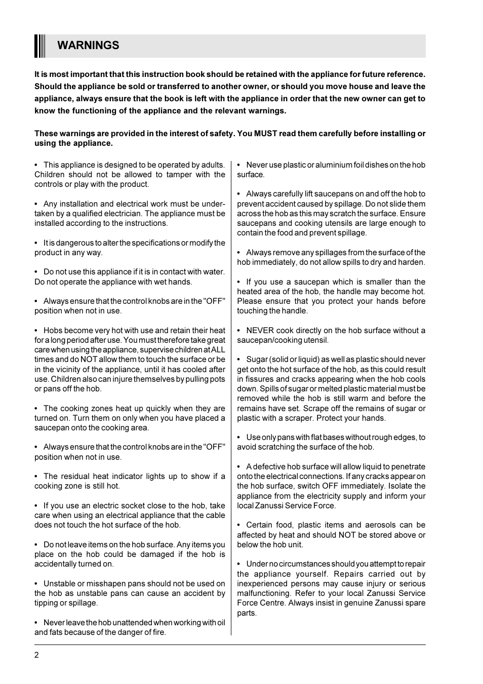 Warnings | Zanussi ZBC 402 B/W User Manual | Page 2 / 12