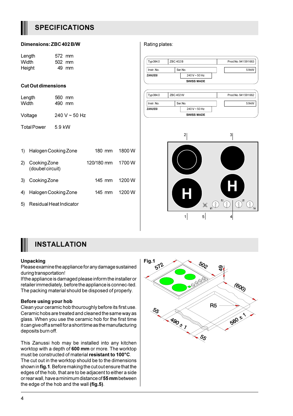 Specifications, Installation | Zanussi ZBC 402 B/W User Manual | Page 4 / 12