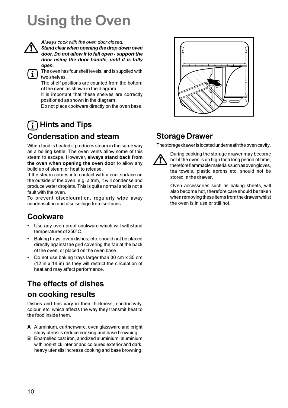 Using the oven, Hints and tips condensation and steam, Cookware | The effects of dishes on cooking results, Storage drawer | Zanussi ZCM 611 User Manual | Page 10 / 24