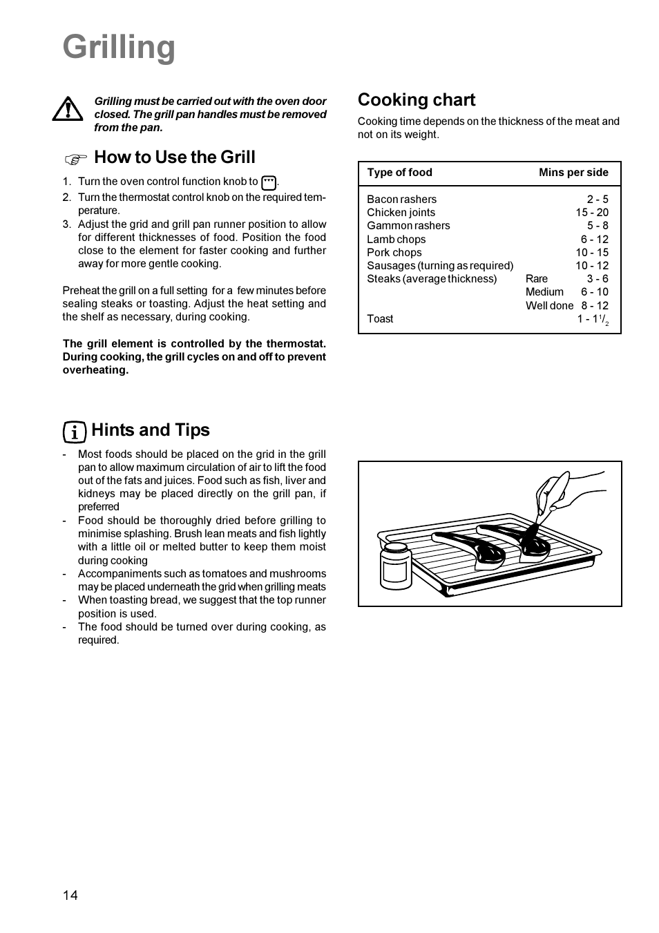 Grilling, How to use the grill, Hints and tips | Cooking chart | Zanussi ZCM 611 User Manual | Page 14 / 24