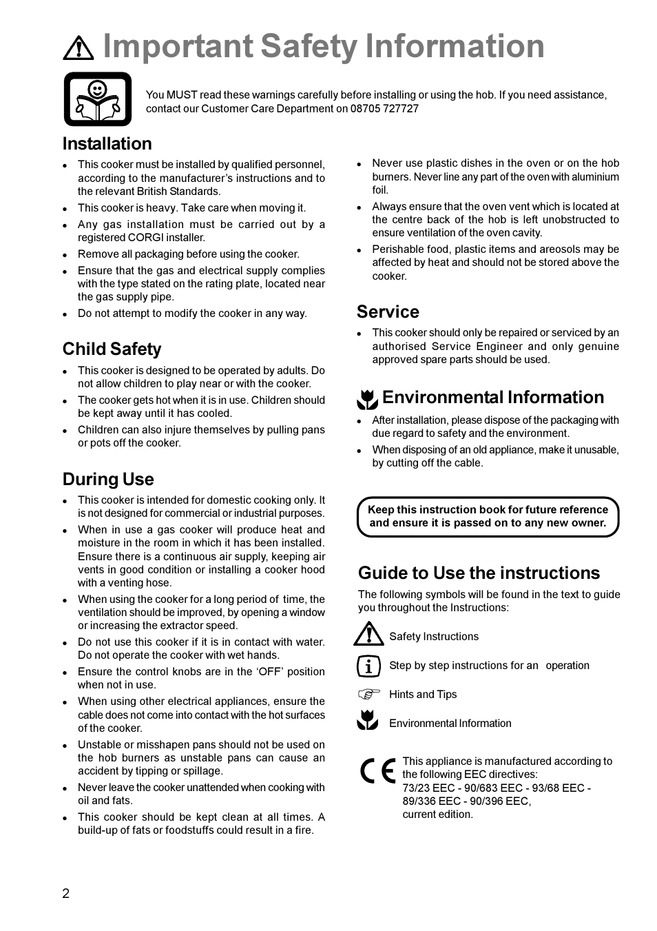 Important safety information, Installation, Child safety | During use, Guide to use the instructions, Service, Environmental information | Zanussi ZCM 611 User Manual | Page 2 / 24