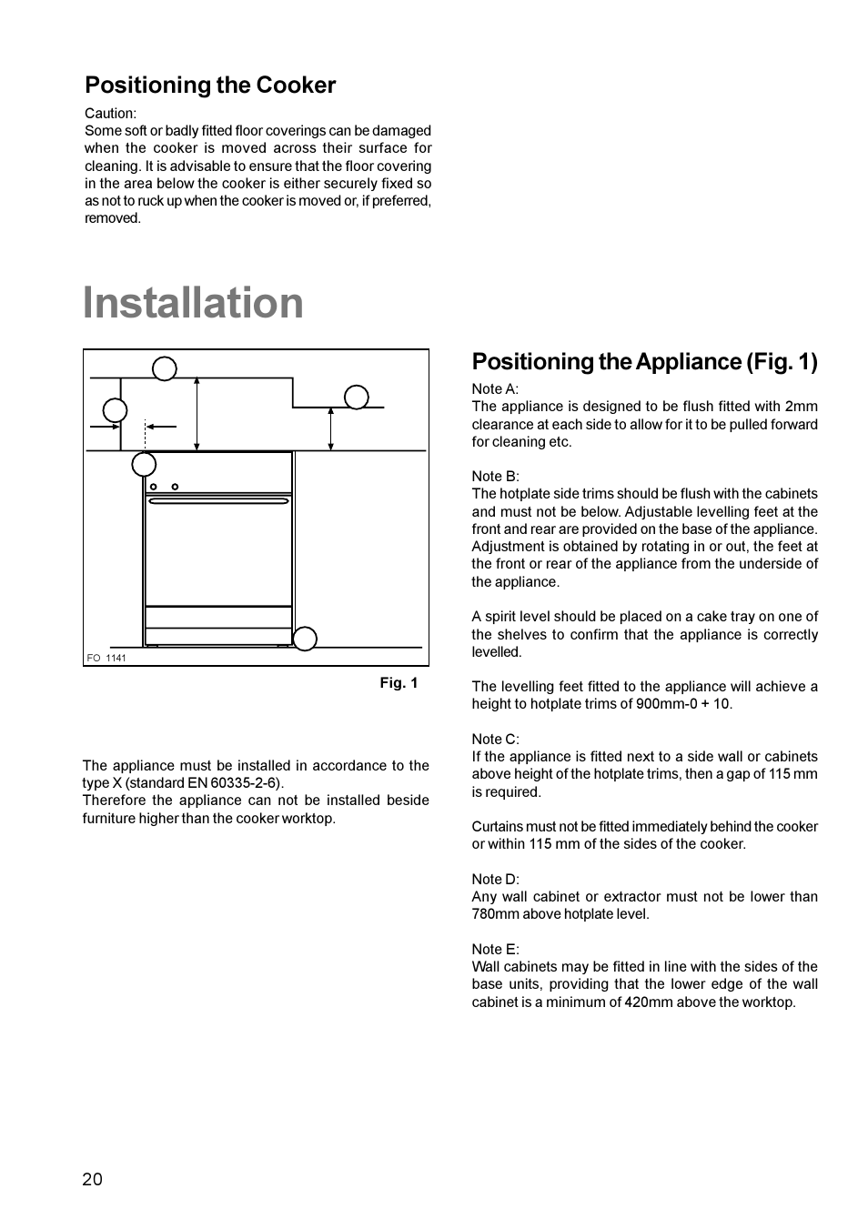 Installation, Positioning the appliance (fig. 1), Positioning the cooker | Zanussi ZCM 611 User Manual | Page 20 / 24