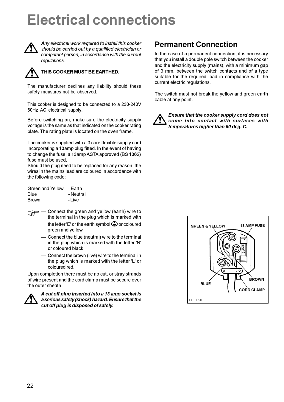 Electrical connections, Permanent connection | Zanussi ZCM 611 User Manual | Page 22 / 24