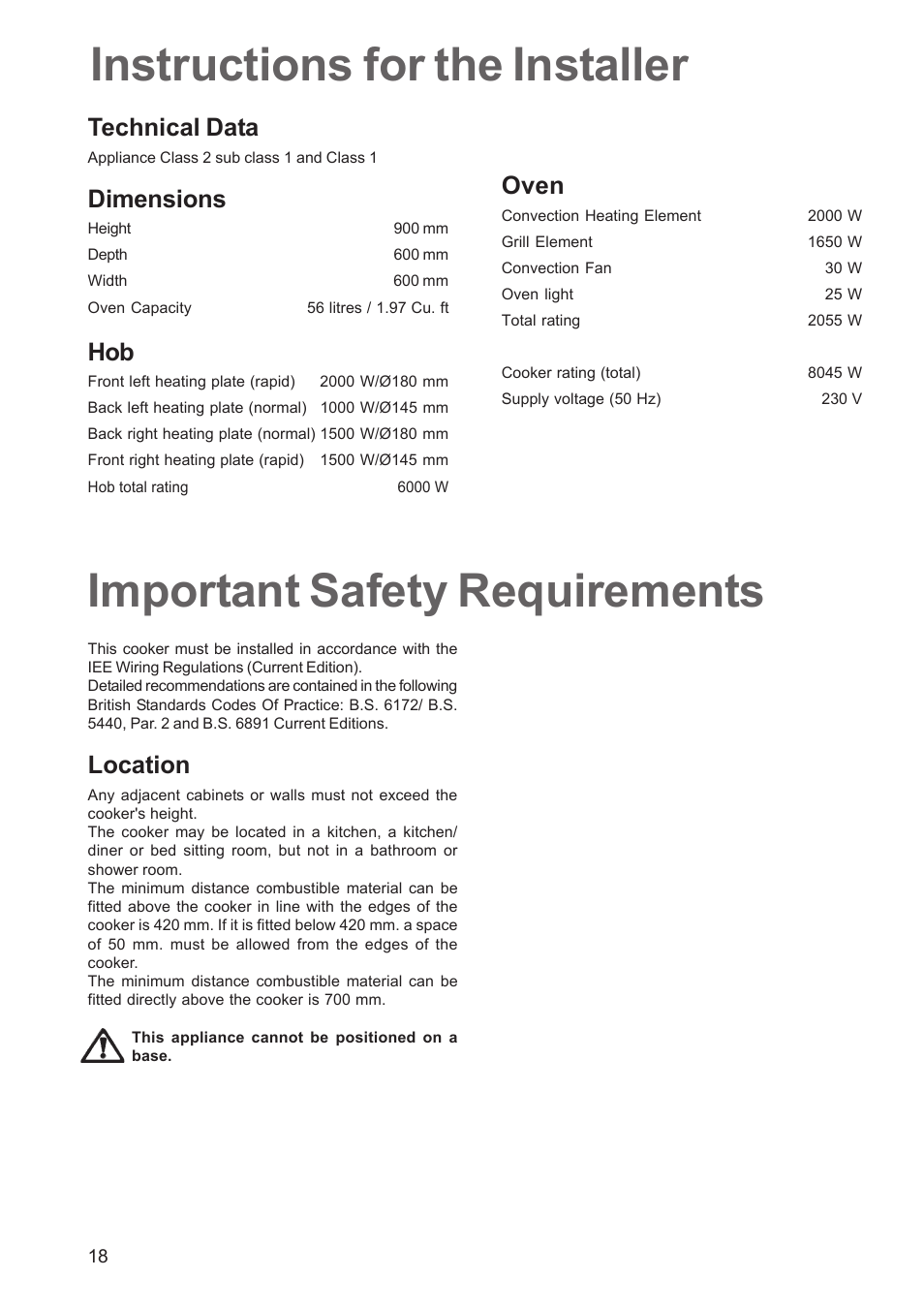 Technical data, Dimensions, Location | Oven | Zanussi ZCE 641 User Manual | Page 18 / 20