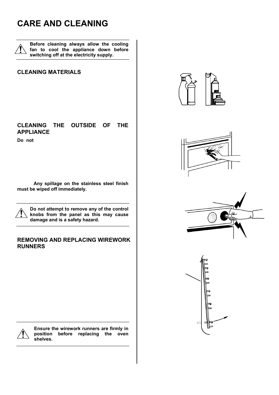 Care and cleaning, Cleaning materials, Cleaning the outside of the appliance | Removing and replacing wirework runners | Zanussi ZOD 330 User Manual | Page 21 / 36