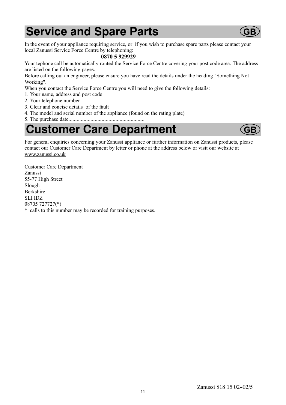 Service and spare parts, Customer care department | Zanussi ZVR11R User Manual | Page 11 / 20