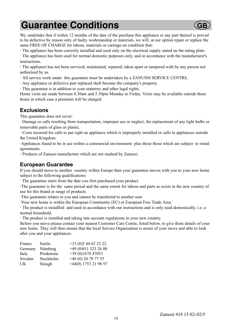 Guarantee conditions, Exclusions, European guarantee | Zanussi ZVR11R User Manual | Page 14 / 20