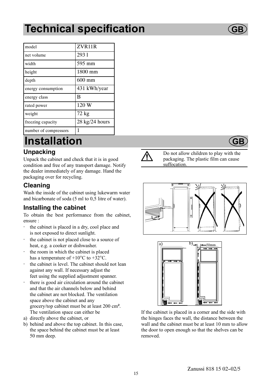 Technical specification, Installation | Zanussi ZVR11R User Manual | Page 15 / 20