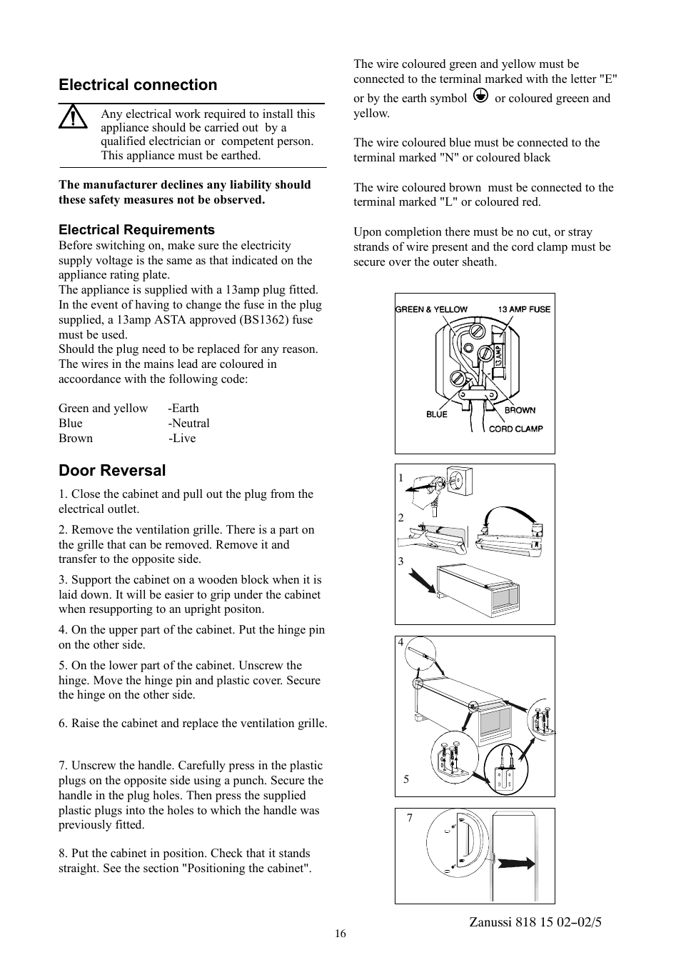 Electrical connection, Door reversal | Zanussi ZVR11R User Manual | Page 16 / 20