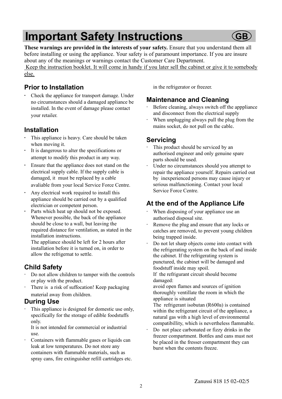 Important safety instructions | Zanussi ZVR11R User Manual | Page 2 / 20