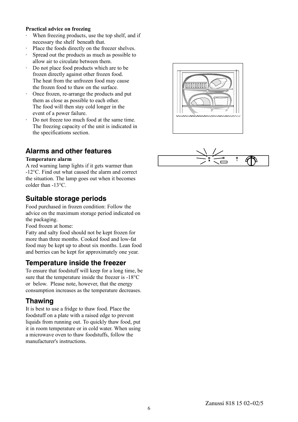 Alarms and other features, Suitable storage periods, Temperature inside the freezer | Thawing | Zanussi ZVR11R User Manual | Page 6 / 20