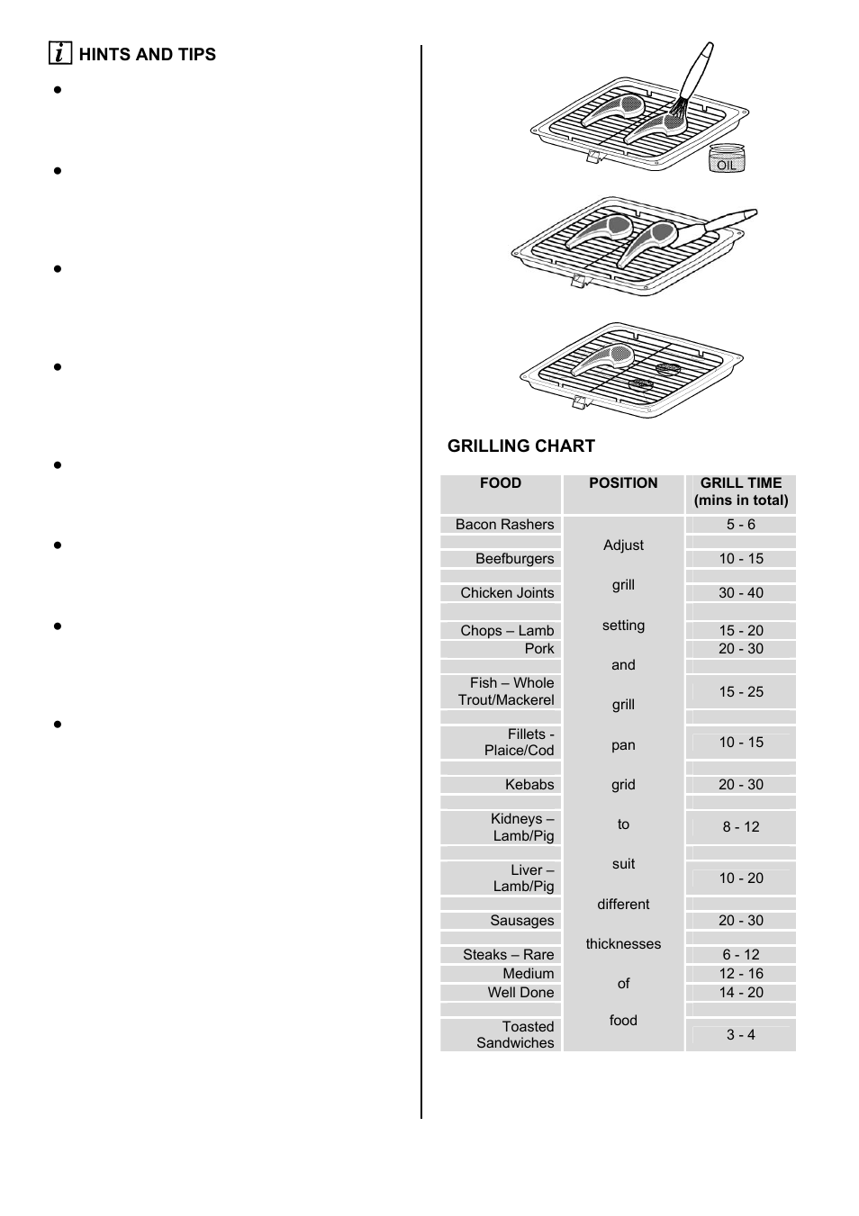 24 hints and tips, Grilling chart | Zanussi ZOD 890 User Manual | Page 24 / 40