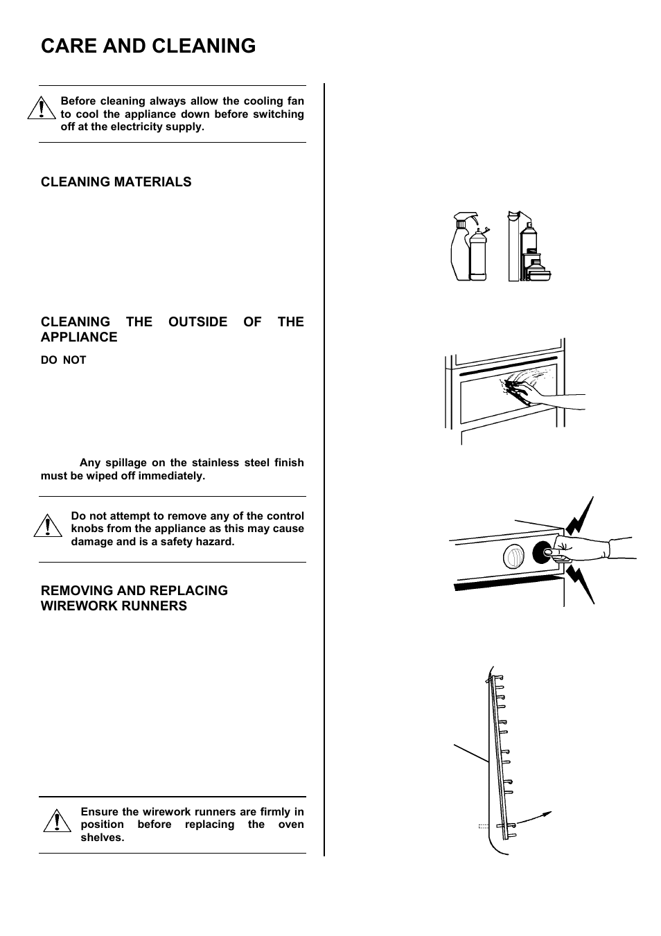 Care and cleaning, Cleaning materials, Cleaning the outside of the appliance | Removing and replacing wirework runners | Zanussi ZOD 890 User Manual | Page 26 / 40