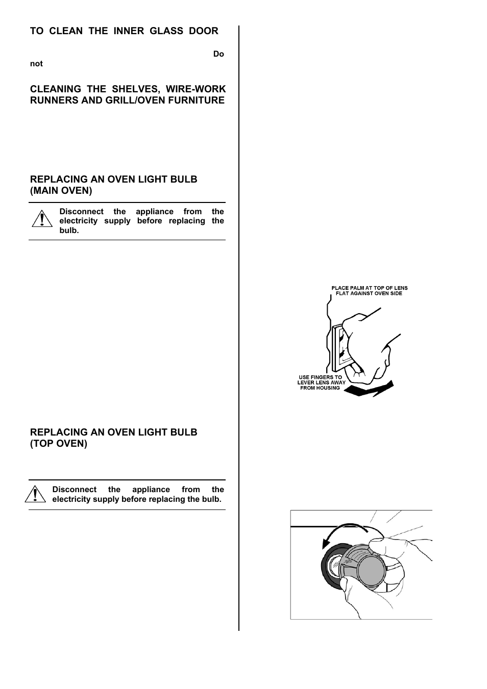 29 to clean the inner glass door, Replacing an oven light bulb (main oven), Replacing an oven light bulb (top oven) | Zanussi ZOD 890 User Manual | Page 29 / 40
