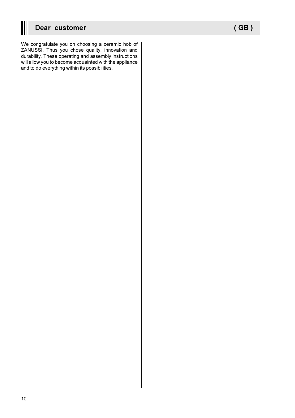 Dear customer ( gb ) | Zanussi ZGW 1302 X User Manual | Page 2 / 11