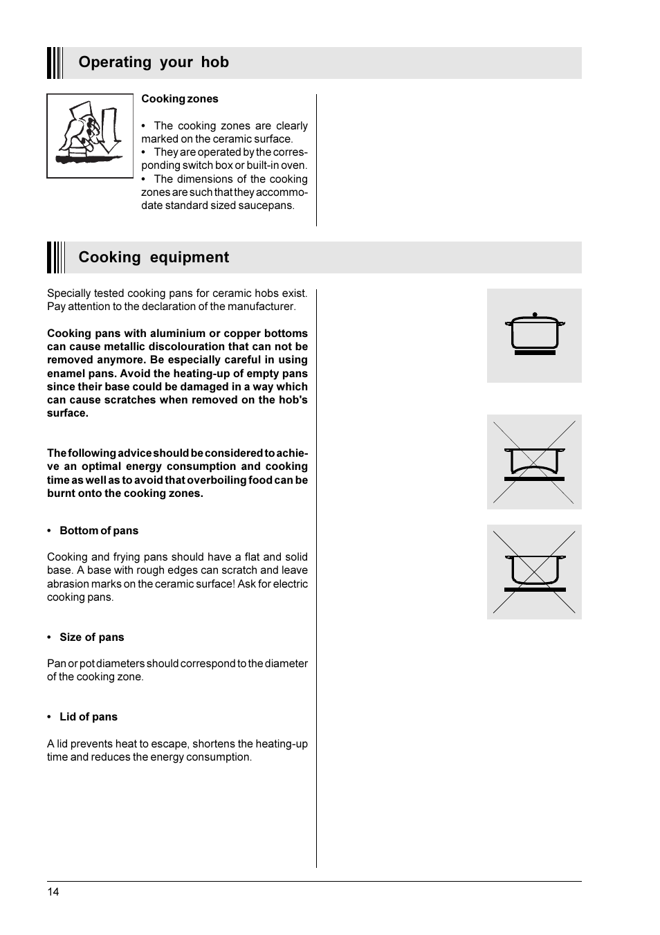 Operating your hob, Cooking equipment | Zanussi ZGW 1302 X User Manual | Page 6 / 11