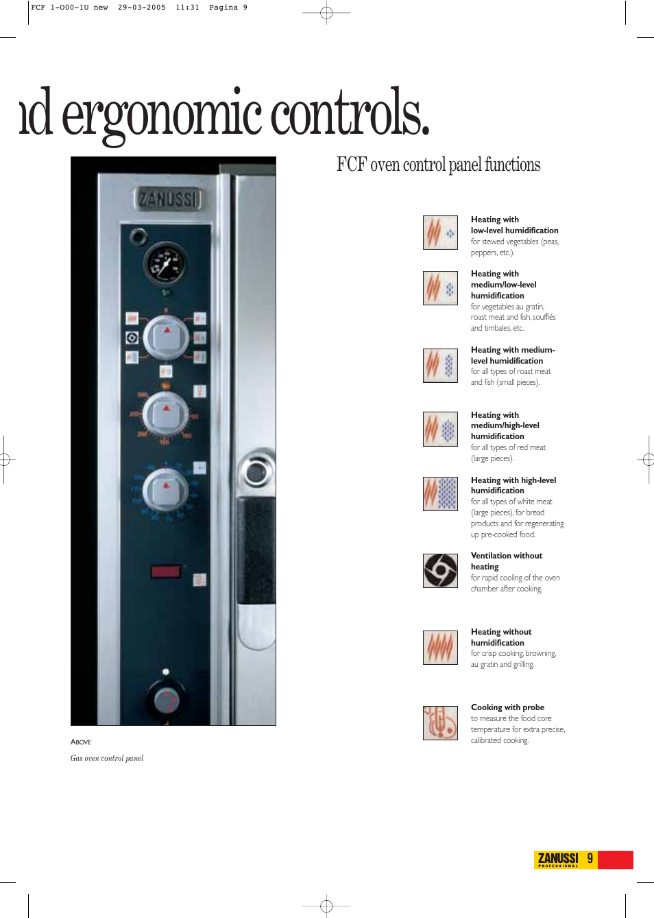 Nd ergonomic controls, Fcf oven control panel functions | Zanussi FCF61E User Manual | Page 9 / 16