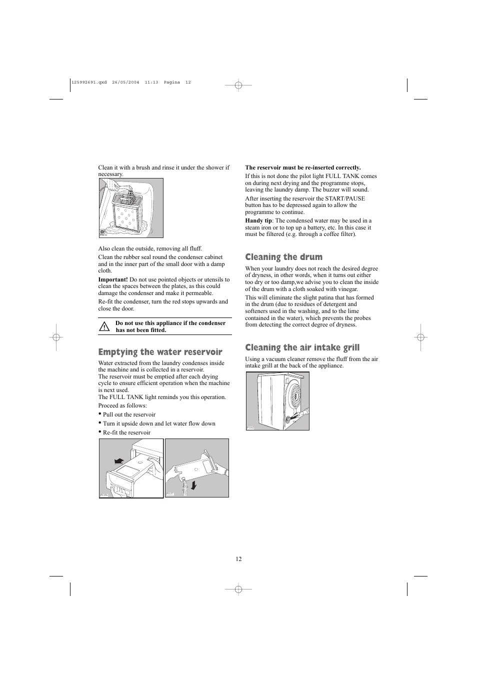 Emptying the water reservoir, Cleaning the drum, Cleaning the air intake grill | Zanussi ZDC 5350 W User Manual | Page 12 / 20