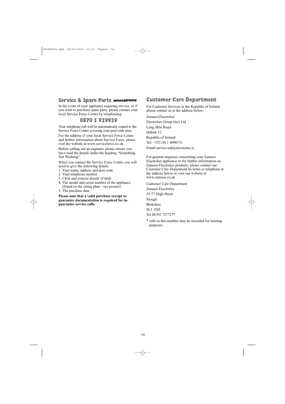 Service & spare parts, Customer care department | Zanussi ZDC 5350 W User Manual | Page 14 / 20