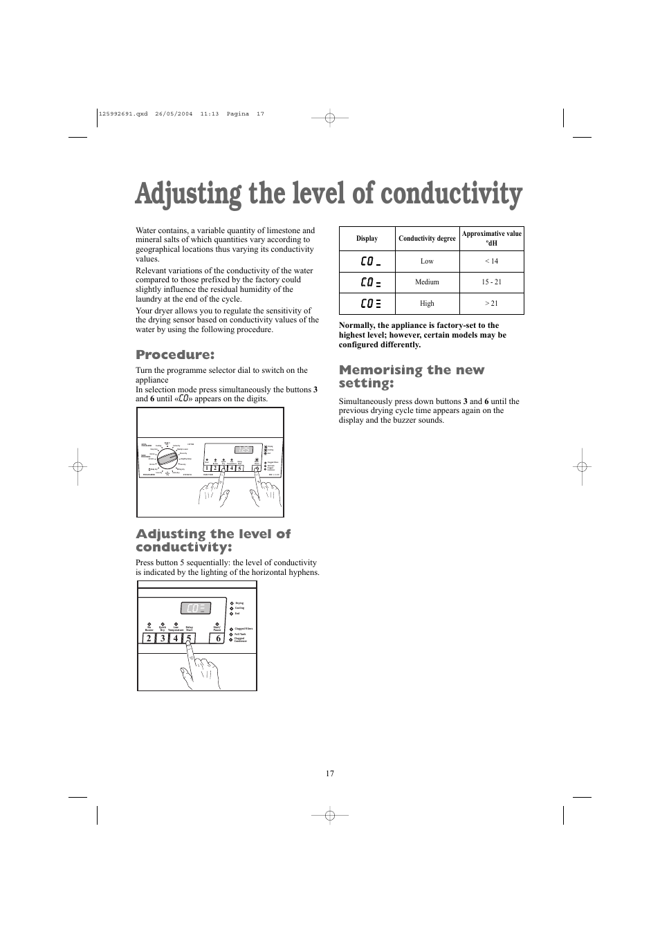 Adjusting the level of conductivity, Procedure, Cc 0 0 | Appears on the digits | Zanussi ZDC 5350 W User Manual | Page 17 / 20