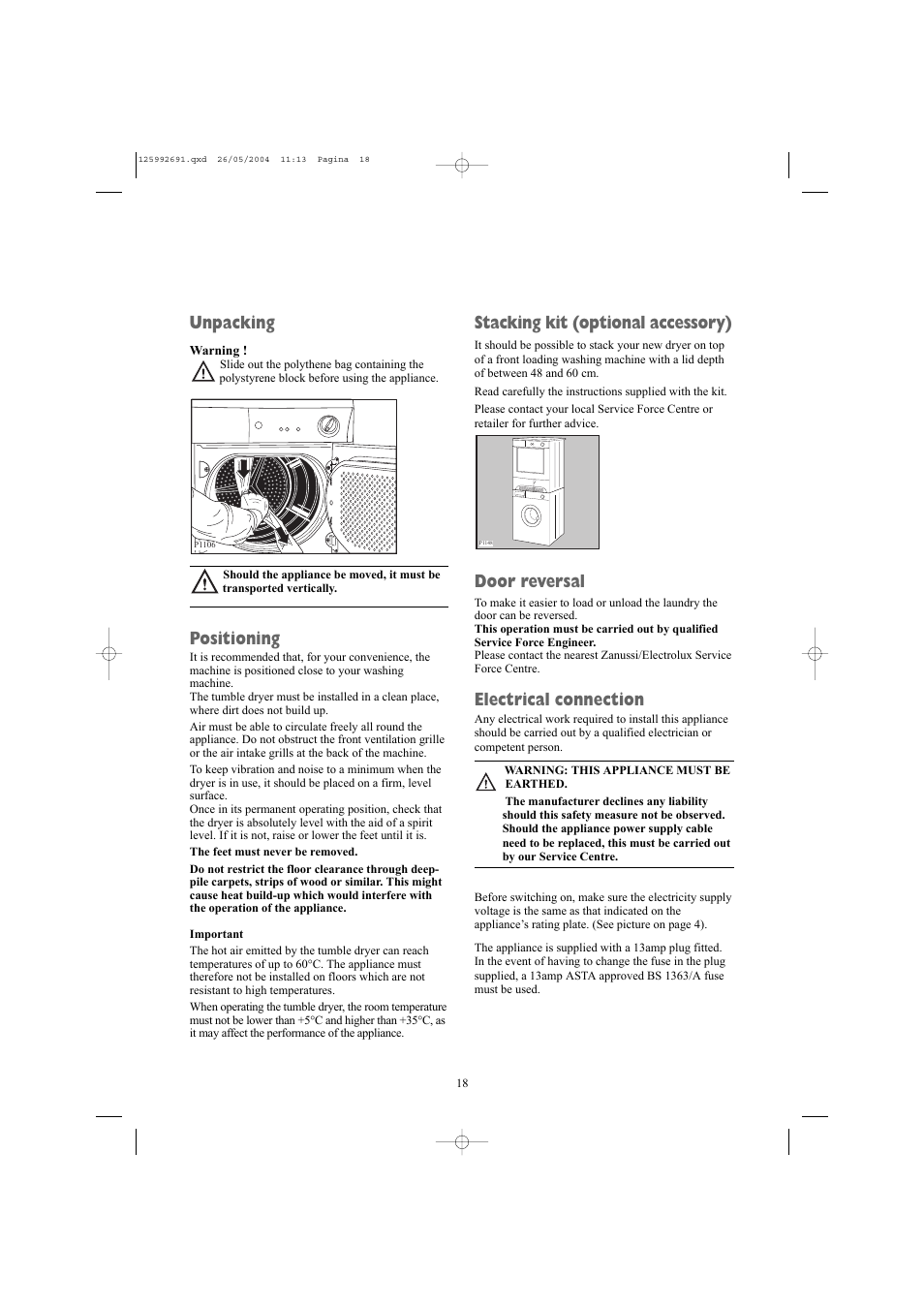 Stacking kit (optional accessory), Door reversal, Electrical connection | Unpacking, Positioning | Zanussi ZDC 5350 W User Manual | Page 18 / 20