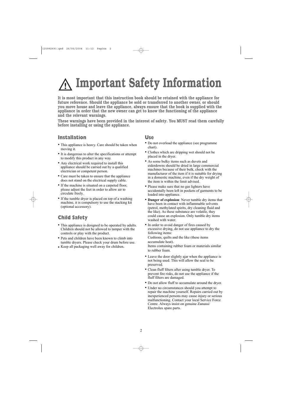 Important safety information, Installation, Child safety | Zanussi ZDC 5350 W User Manual | Page 2 / 20