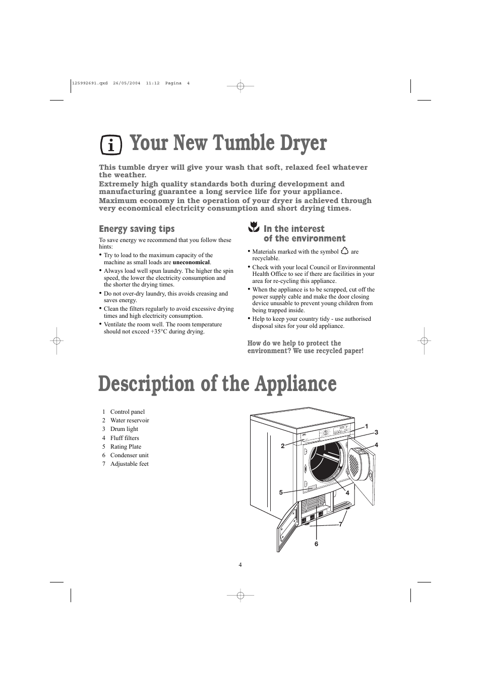 Description of the appliance, Your new tumble dryer, Energy saving tips | Zanussi ZDC 5350 W User Manual | Page 4 / 20