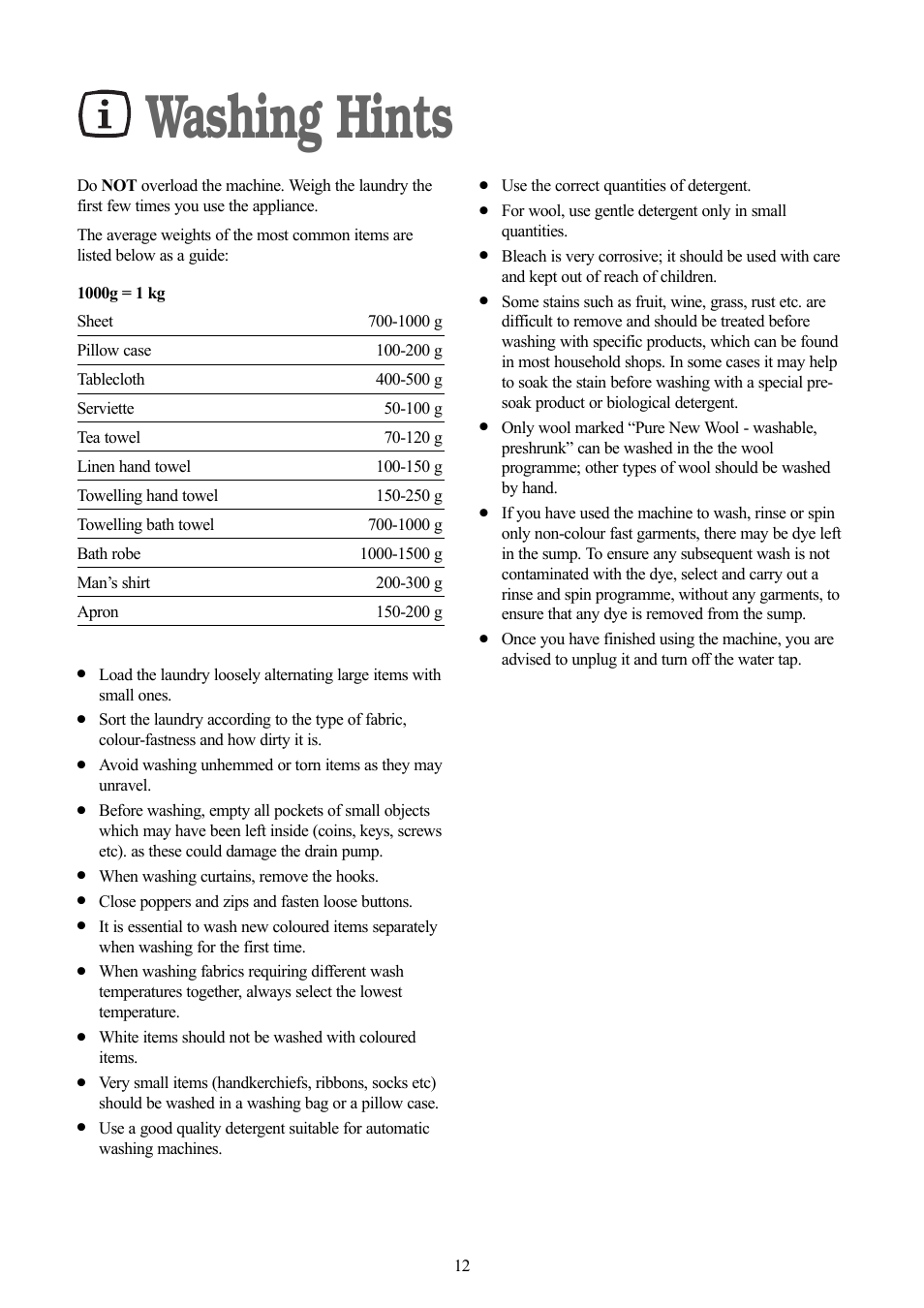 Washing hints | Zanussi ZWF 1111 W User Manual | Page 12 / 28