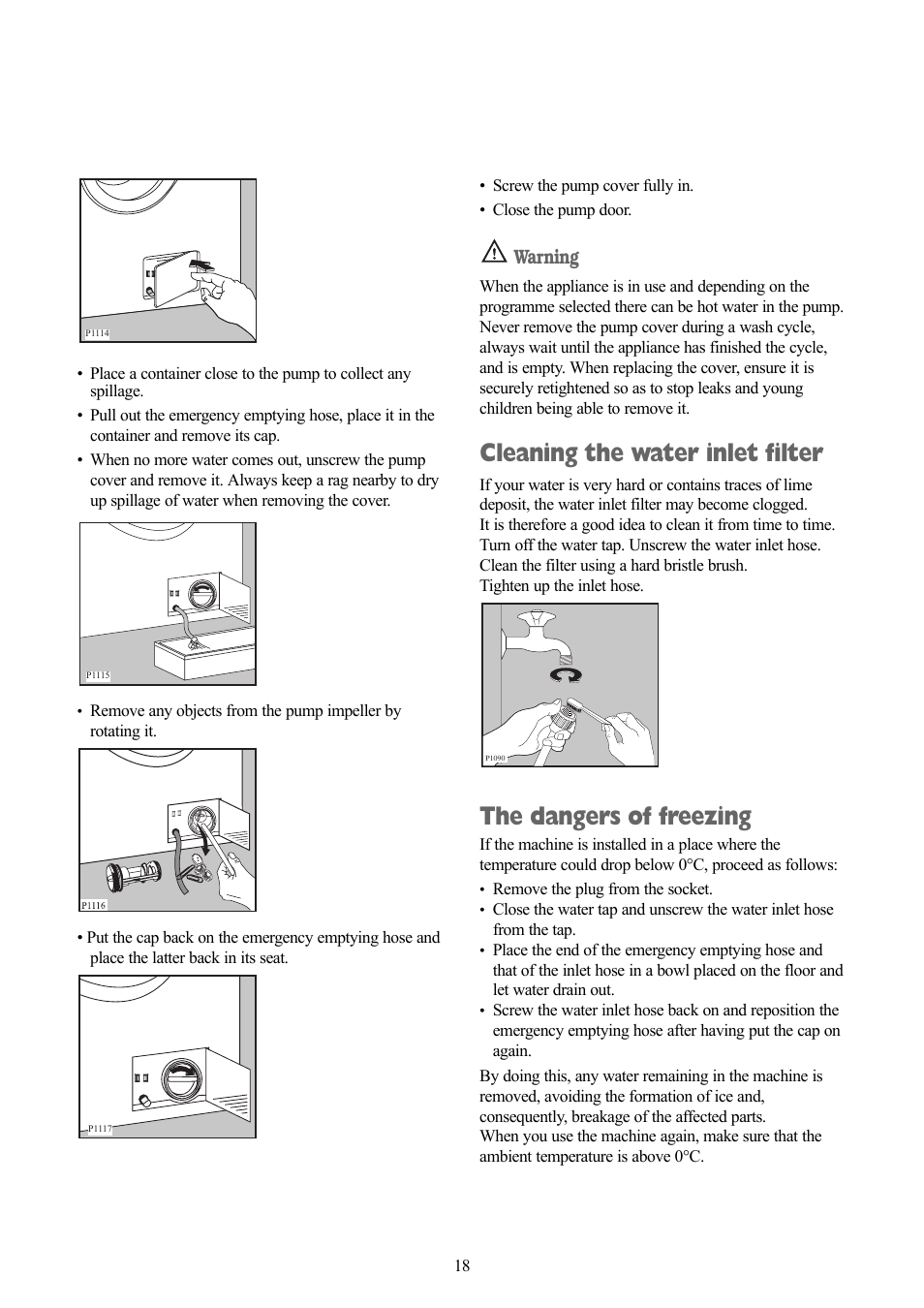 Cleaning the water inlet filter, The dangers of freezing, Warning | Zanussi ZWF 1111 W User Manual | Page 18 / 28