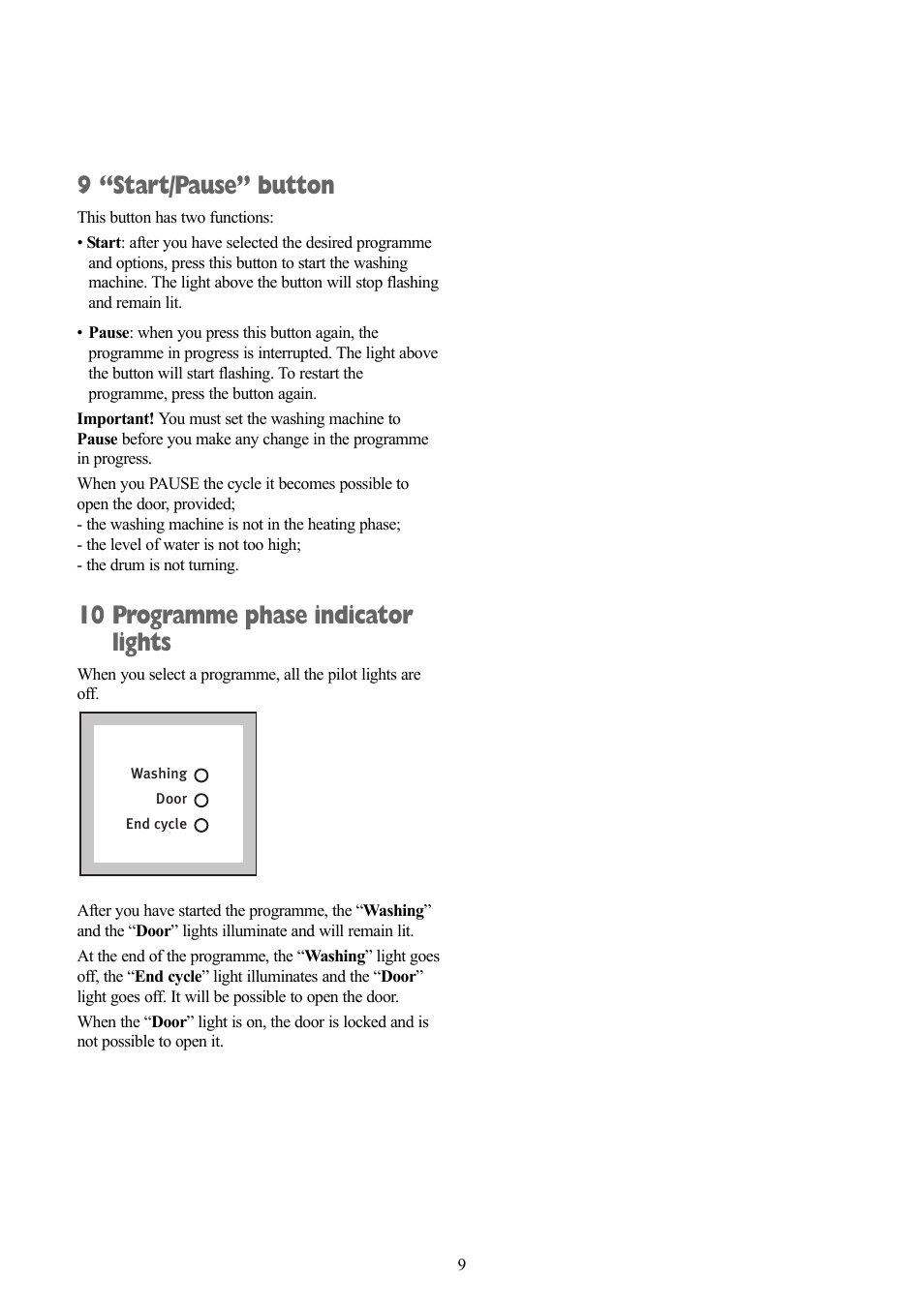 9 “start/pause” button, 10 programme phase indicator lights | Zanussi ZWF 1111 W User Manual | Page 9 / 28