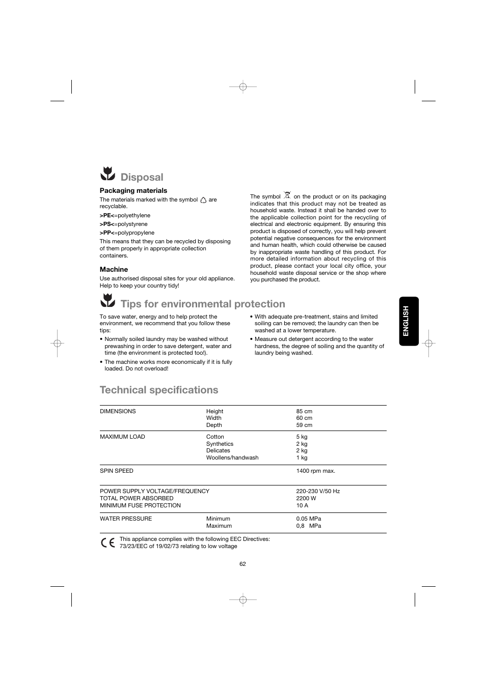 Disposal tips for environmental protection, Technical specifications | Zanussi ZWG 3142 User Manual | Page 4 / 21