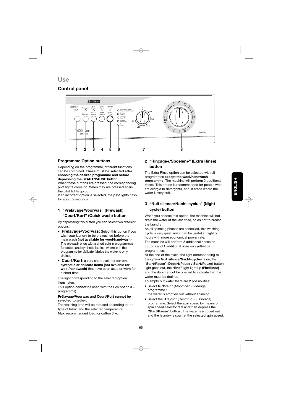 Control panel, English, Programme option buttons | Prélavage/voorwas, Court/kort, 2 “rinçage+/spoelen+” (extra rinse) button, 3 “nuit silence/nacht-cyclus” (night cycle) button | Zanussi ZWG 3142 User Manual | Page 8 / 21