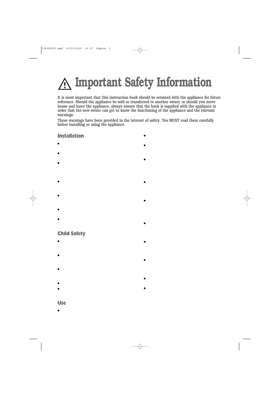 Important safety information, Installation, Child safety | Zanussi ZWF 1651W User Manual | Page 2 / 32