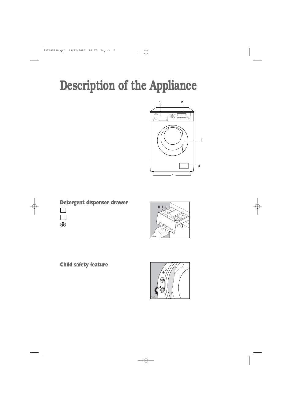 Description of the appliance, Detergent dispenser drawer, Child safety feature | Zanussi ZWF 1651W User Manual | Page 5 / 32