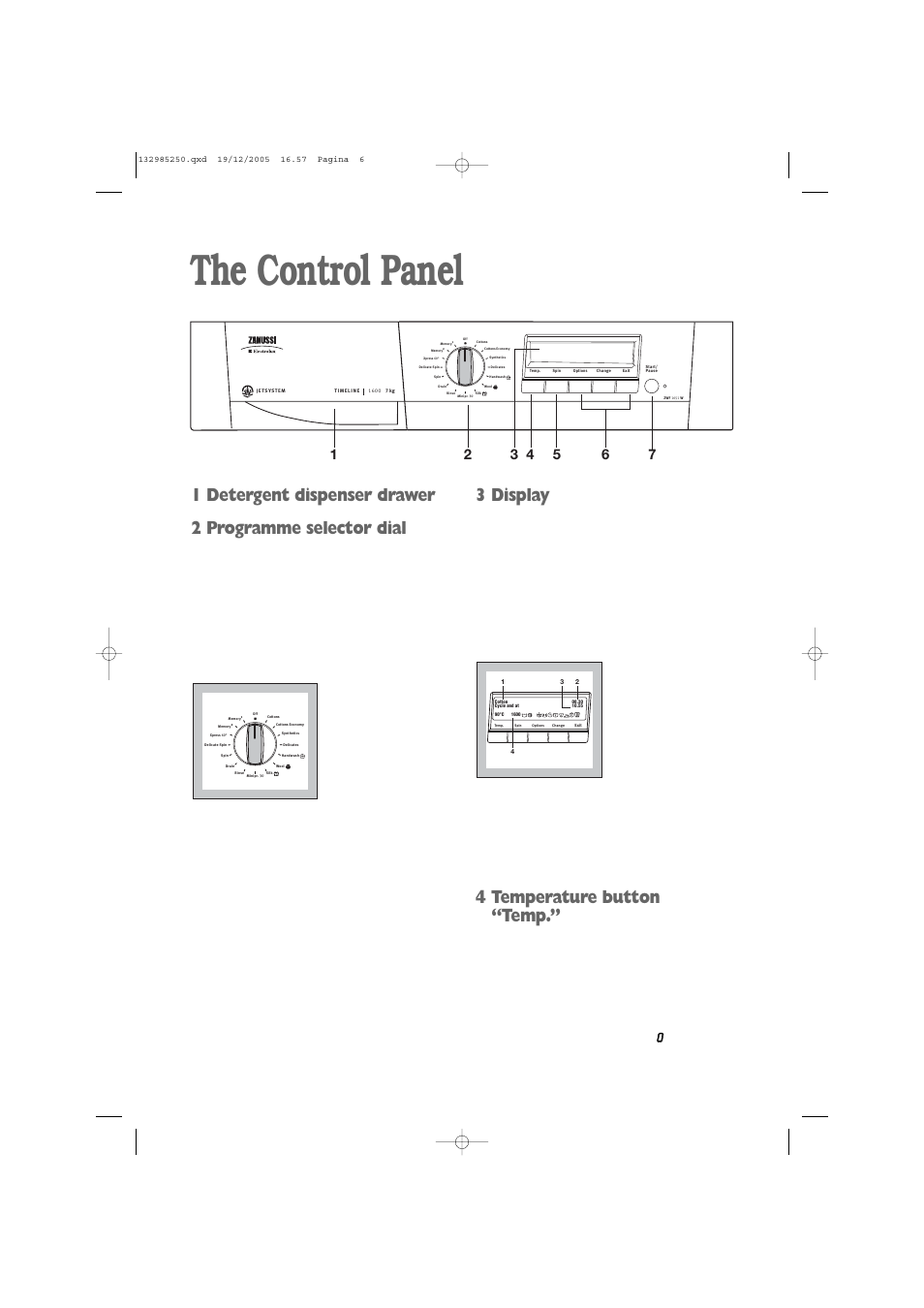 The control panel, 3 display, 4 temperature button “temp | Cottons (blue colour, Synthetics (green colour, And delicates (gray colour, Handwash, wool, silk and minipr. 30 (gray colour, Rinses, drain, spin and delicate spin (gray colour, Corresponds to cold wash | Zanussi ZWF 1651W User Manual | Page 6 / 32