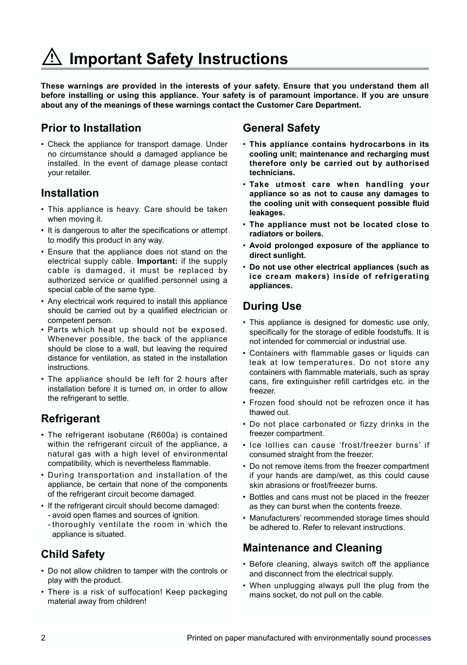 Important safety instructions, General safety, During use | Maintenance and cleaning, Prior to installation, Installation, Refrigerant, Child safety | Zanussi ZUD 9100 FA User Manual | Page 2 / 20