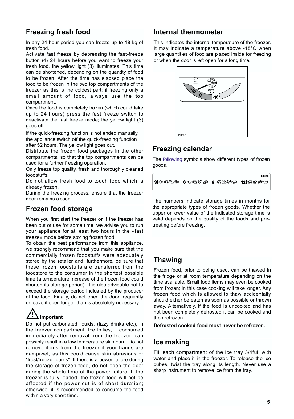 Frozen food storage, Ice making, Thawing | Internal thermometer, Freezing fresh food, Freezing calendar | Zanussi ZUD 9100 FA User Manual | Page 5 / 20