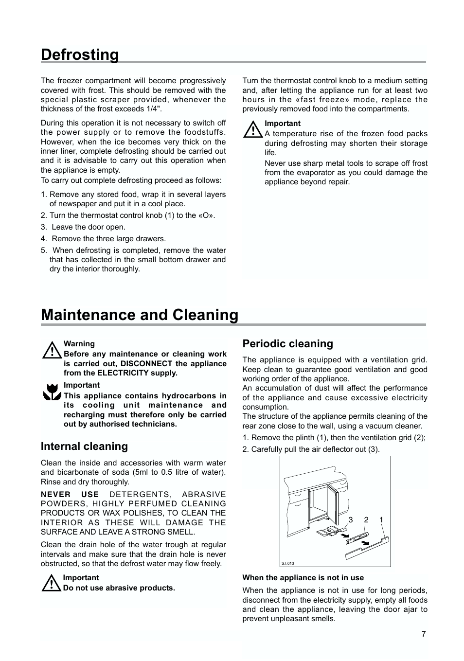 Defrosting maintenance and cleaning, Internal cleaning, Periodic cleaning | Zanussi ZUD 9100 FA User Manual | Page 7 / 20