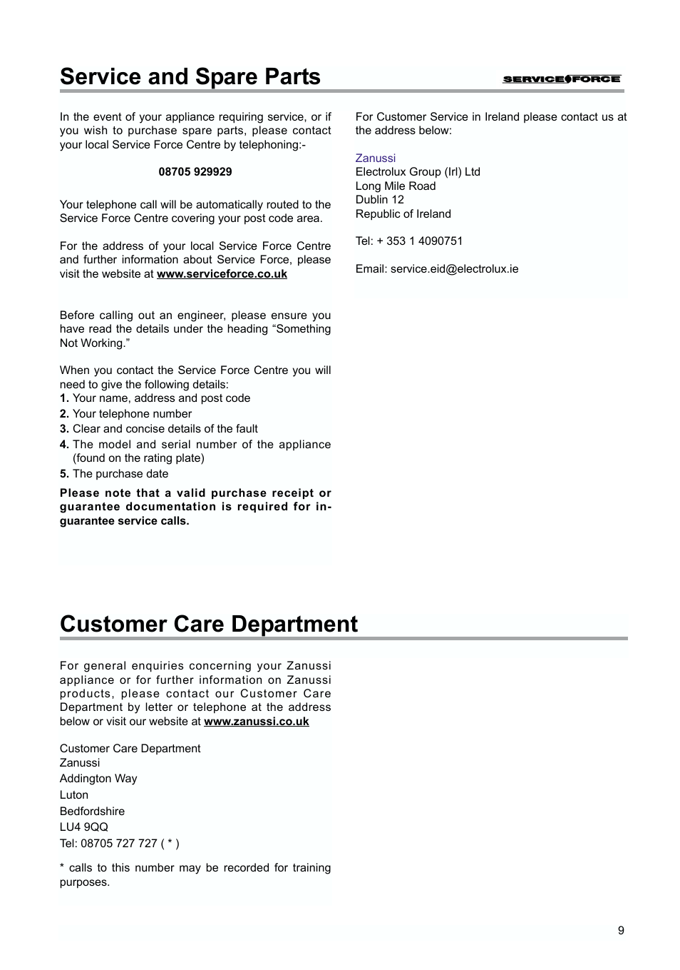 Service and spare parts, Customer care department | Zanussi ZUD 9100 FA User Manual | Page 9 / 20